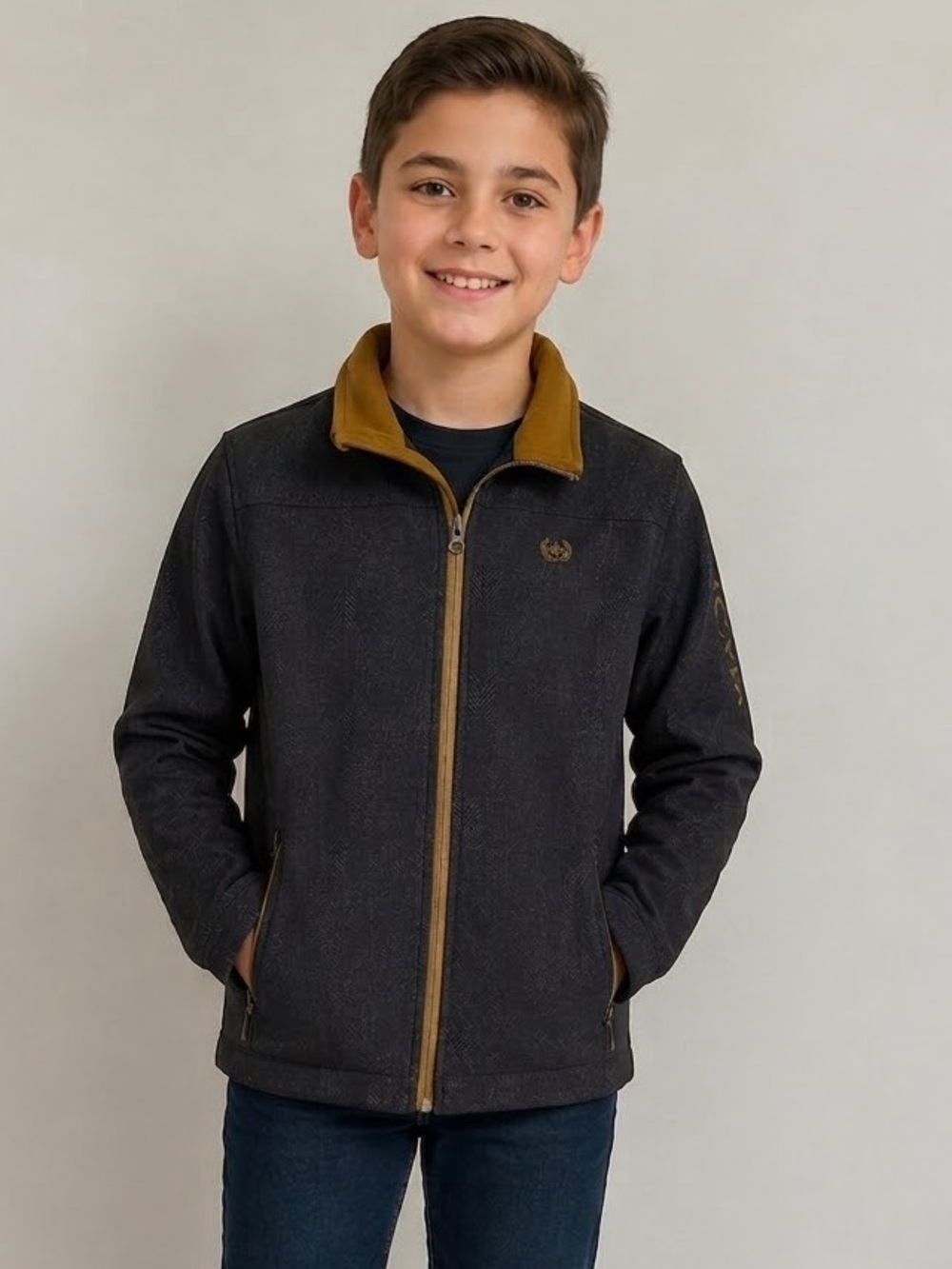 Cinch Kids Softshell Jacket Sz L (12) Grey Print Camel Trim Western EUC
